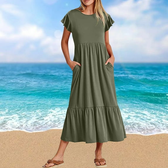 Wycnly Summer Dresses for Women Maxi Dress for Women Smocked Loose Flowy Ruffle Swing Pocket Maxi Dress Womens Vintage Solid Round Neck Short Sleeve Long Sundresses