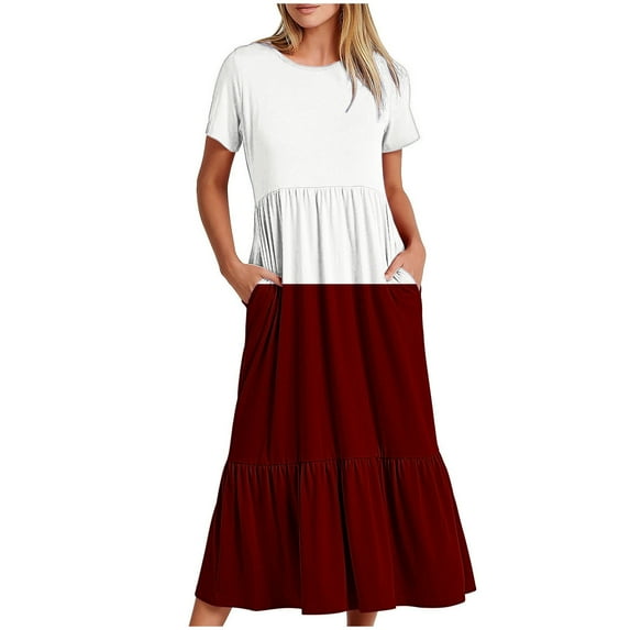 Wycnly Summer Dresses for Women Maxi Dresses for Women 2024 Pleated Swing Loose A Line Beach Long Dress with Pocket Girls Elegant Color Patchwork Round Neck Short Sleeve Maxi Sun Dress