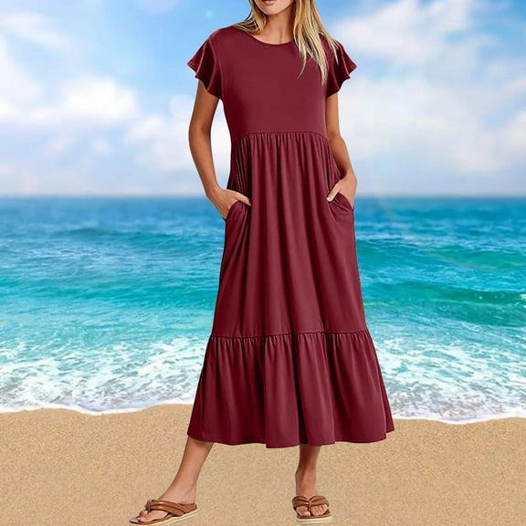 Wycnly Summer Dresses for Women Maxi Dresses for Women 2025 Smocked Loose Flowy Ruffle Swing Pocket Maxi Dress Womens Elegant Solid Round Neck Short Sleeve Long Sun Dresses