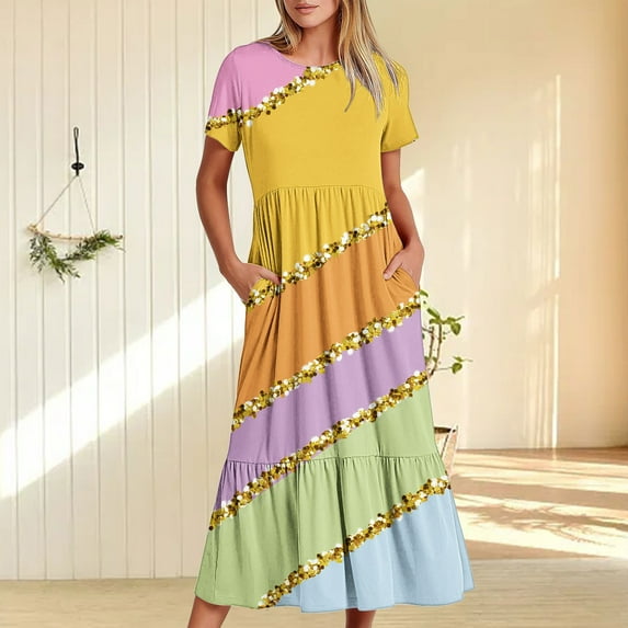 Wycnly Summer Dresses for Women Maxi Dresses for Women 2025 Loose Flowy Pleated Ruffle Swing Tunic Long Dress with Pocket Women Fashion Color Patchwork Round Neck Short Sleeve Maxi Dress