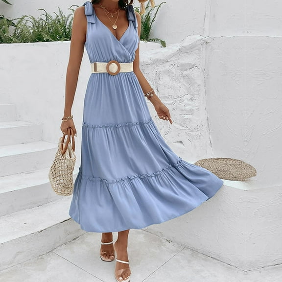 Wycnly Summer Dresses for Women Maxi Dresses for Women 2025 Party Prom Flowy Ruffle Swing Strap Formal Dresses with Belt Womens Elegant Solid V-Neck Sleeveless Long Sun Dress