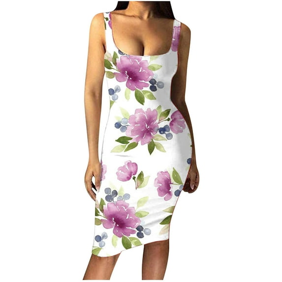 Wycnly Summer Dresses for Women Night Party Club Sexy Basic Bodycon Tank Knee-Length Dresses Sleeveless Round Neck Floral Midi 2024 Casual Dress Green l Under $5