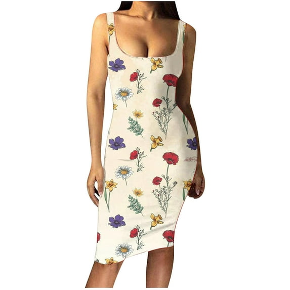 Wycnly Summer Dresses for Women Night Party Club Sexy Basic Bodycon Tank Knee-Length Dresses Sleeveless Round Neck Floral Midi 2024 Casual Dress Khaki m Under $5