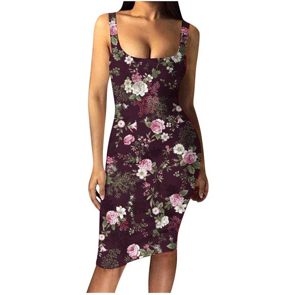 Wycnly Summer Dresses for Women Night Party Club Sexy Basic Bodycon Tank Knee-Length Dresses Sleeveless Round Neck Floral Midi 2024 Casual Dress Wine l Under $5