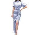 thumbnail image 1 of Wycnly Summer Dresses for Women Party Club Sexy Puff Sleeve Ruched Bodycon Slit Long Dresses 2025 Short Sleeve Round Neck Solid Maxi Formal Dress Blue m, 1 of 5