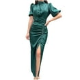 thumbnail image 1 of Wycnly Summer Dresses for Women Party Club Sexy Puff Sleeve Ruched Bodycon Slit Long Dresses 2025 Short Sleeve Round Neck Solid Maxi Formal Dress Green s, 1 of 6