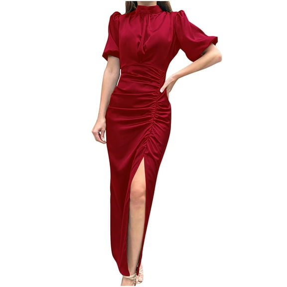 Wycnly Summer Dresses for Women Party Club Sexy Puff Sleeve Ruched Bodycon Slit Long Dresses 2025 Short Sleeve Round Neck Solid Maxi Formal Dress Red XXL