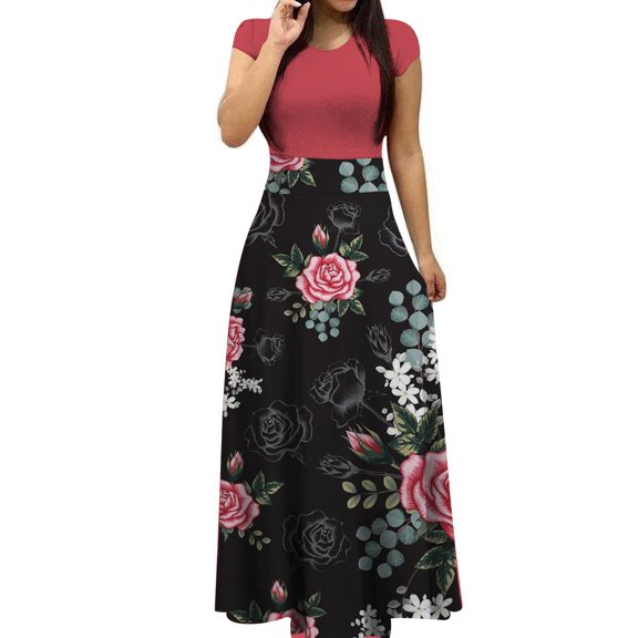 Wycnly Summer Dresses for Women Party Prom Elegant Empire Waist Pleated Swing Tunic A Line Long Dresses 2024 Short Sleeve Round Neck Floral Print Maxi Formal Dress Red s