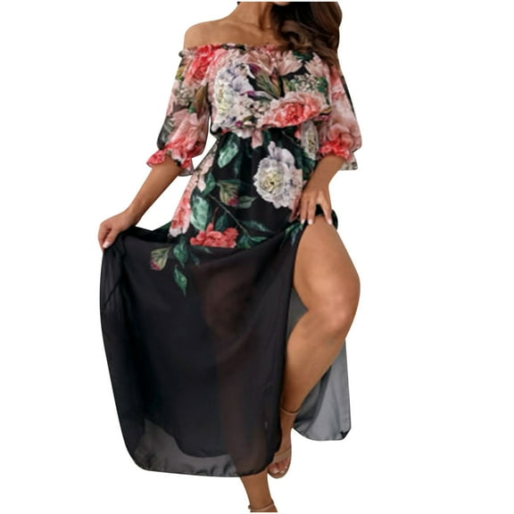 Wycnly Summer Dresses for Women Party Prom Sexy off Shoulder Elastic Waist High Slit Swing Maxi Dresses 2025 Elbow-Length One Line Neck Flowers Print Long Formal Dress Black XL