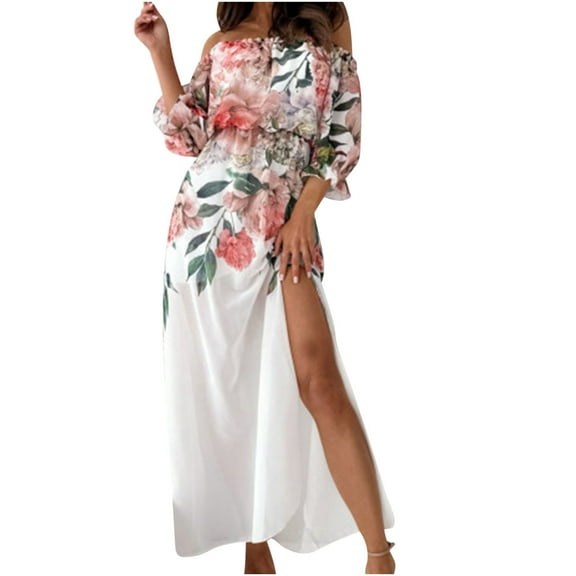 Wycnly Summer Dresses for Women Party Prom Sexy off Shoulder Elastic Waist High Slit Swing Maxi Dresses 2025 Elbow-Length One Line Neck Flowers Print Long Formal Dress White l