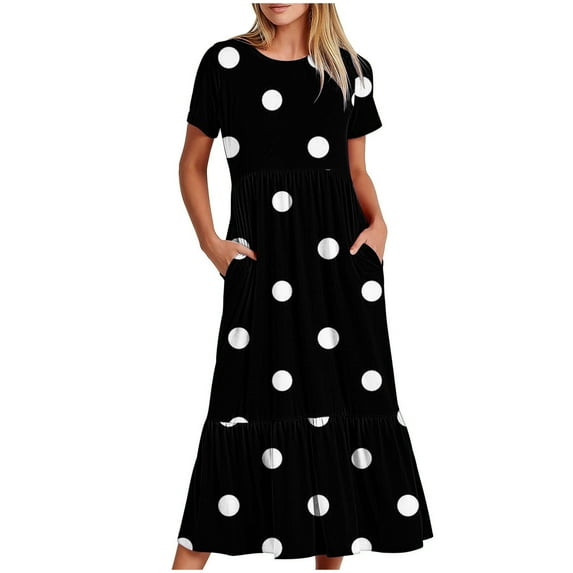 Wycnly Summer Dresses for Women Dresses for Women Pleated Swing Loose Pocket A Line Beach Long Dress Ladies Fashion Dot Print Crewneck Short Sleeve Maxi Sun Dress