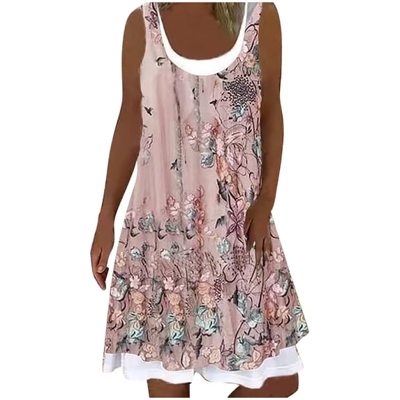 Wycnly Summer Dresses for Women Plus Size Fake 2 Piece Pleated Swing Tank Mini Dresses 2024 Casual Sleeveless Round Neck Floral Print Short Dress Pink xl