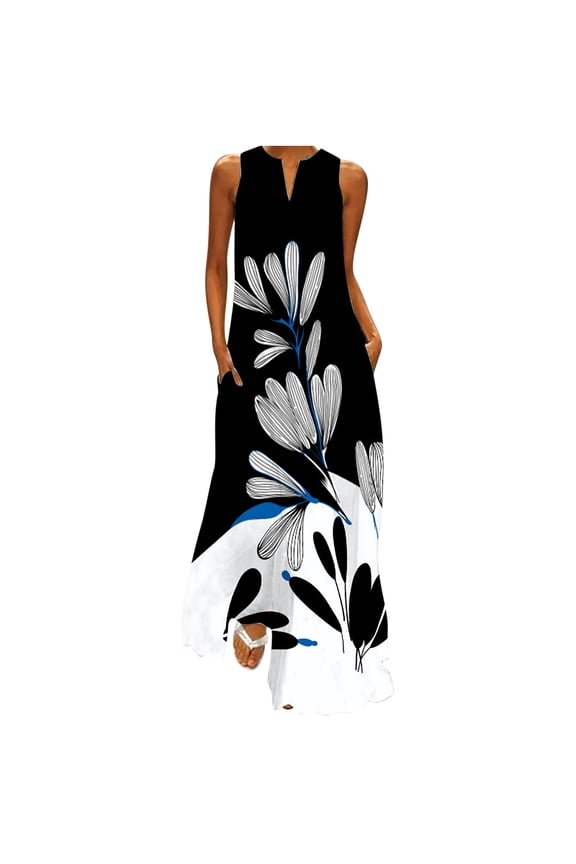 Summer Dresses for Women Plus Size Swing Vintage Graphics Tunic Tank Long Dresses with Pocket 2025 Sleeveless V-Neck Feather Print Maxi Formal Dress White XXXXL