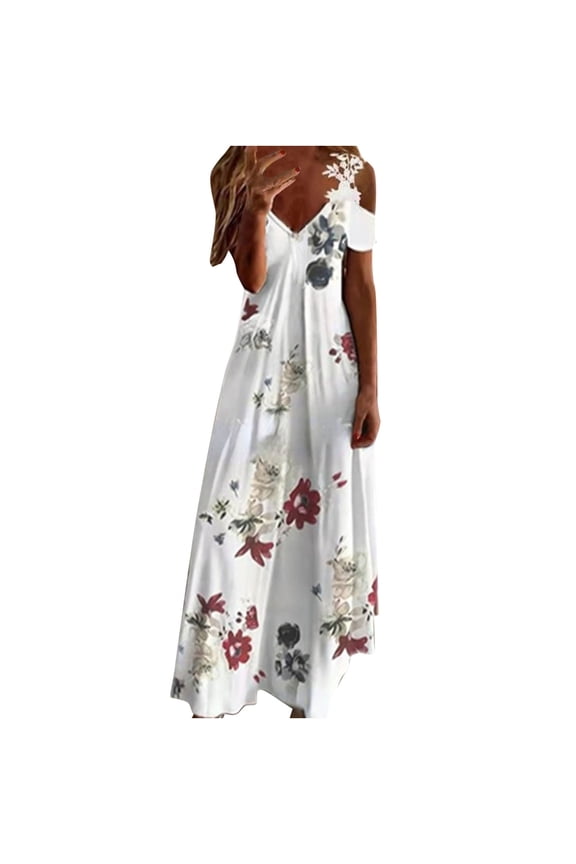 Summer Dresses for Women Sexy Lace Patchwork Cold Shoulder High Waist Swing Tunic Long Dresses 2024 Short Sleeve V-Neck Floral Print Maxi Formal Dress White XXL