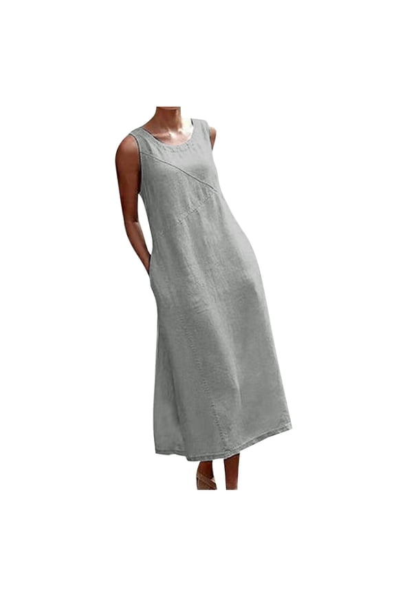 Summer Dresses for Women Soft Cotton Linen Plus Size Casual Swing Tank Long Dresses with Pocket 2025 Sleeveless Round Neck Solid Maxi Formal Dress Gray XXL