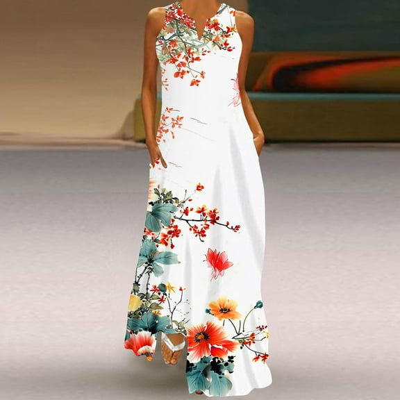 Wycnly Summer Dresses for Women Summer Dresses for Women 2025 Beach Loose Pocket Tank Maxi Sundress Womens Formal Floral Print V-Neck Sleeveless Long Dress