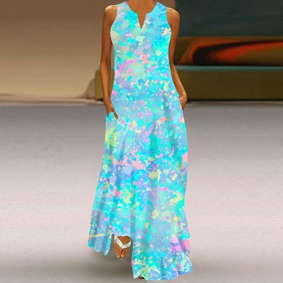 Wycnly Summer Dresses for Women Summer Dresses for Women 2025 Pocket Loose Beach Maxi Tank Dresses Women Formal Tie-Dye Print V-Neck Sleeveless Long Sun Dress
