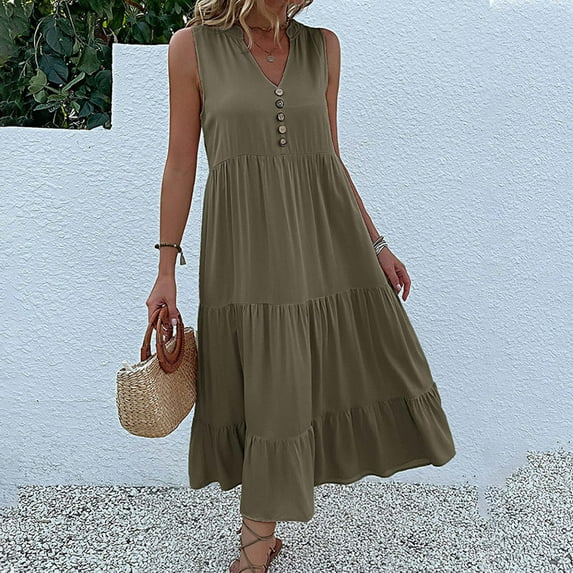 Wycnly Summer Dresses for Women Summer Dresses for Women 2025 Beach Button up Loose Ruffle Swing Tank Long Dress Womens Casual Solid V-Neck Sleeveless Maxi Sun Dress