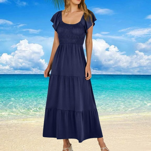 Wycnly Summer Dresses for Women Summer Dresses for Women Elastic Waist Flowy Pleated Swing Ruffle Sleeve Long Beach Dress Womens Vintage Solid Square Neck Short Sleeve Maxi Sundress