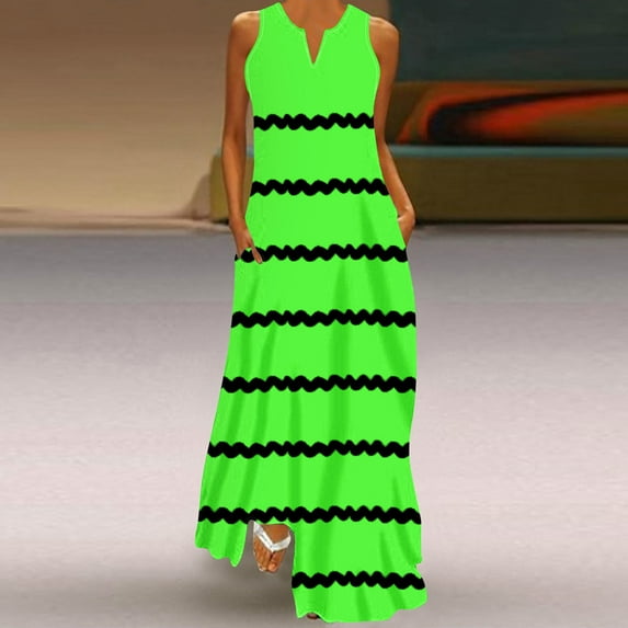 Wycnly Summer Dresses for Women Summer Dresses for Women Loose Beach Boho Tank Long Dresses with Pocket Girls Fashion Striped Print V-Neck Sleeveless Maxi Sundress