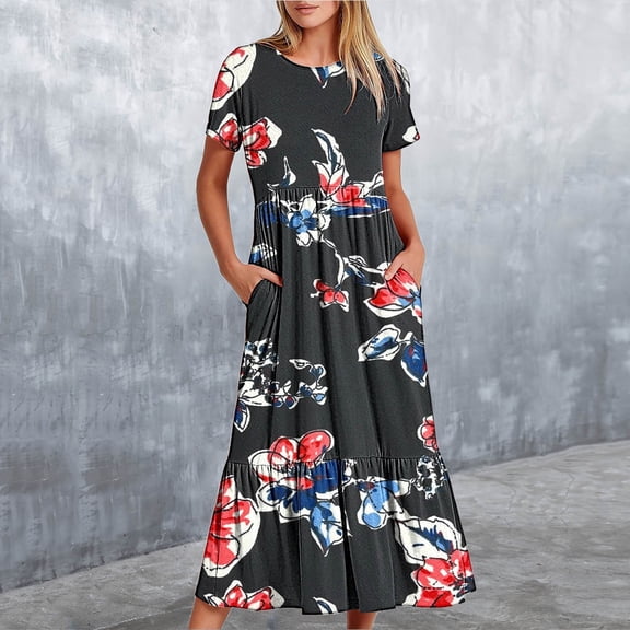 Wycnly Summer Dresses for Women Summer Dresses for Women Loose Flowy Pleated Ruffle Swing Tunic Maxi Dresses with Pocket Girls Elegant Floral Print Crewneck Short Sleeve Long Sundress
