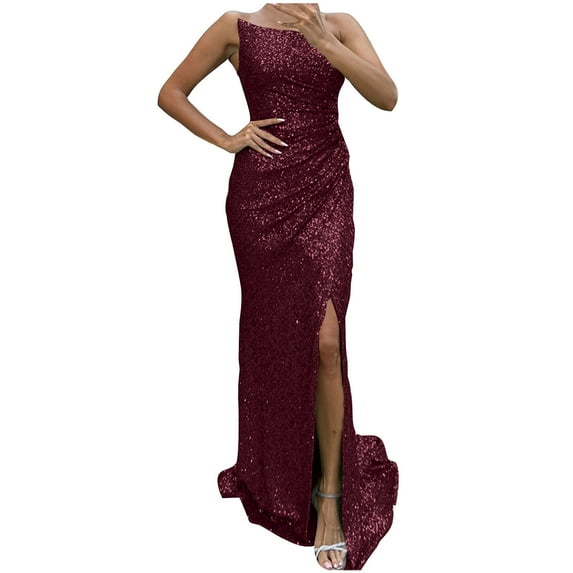 Wycnly Summer Dresses for Women Summer Dresses for Women Wedding Guest Party Slim Fit Slit Elegant Sequin Formal Long Dress Girls Trendy Solid Round Neck Sleeveless Maxi Sun Dresses