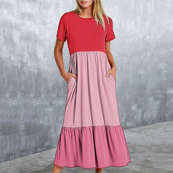 Wycnly Summer Dresses for Women Sundresses for Women Beach Loose Flowy Pleated Ruffle Swing Long Sundress with Pocket Ladies Trendy Color Block Round Neck Short Sleeve Maxi Sundress