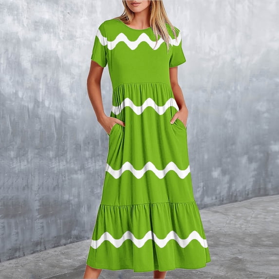 Wycnly Summer Dresses for Women Sundresses for Women Loose Flowy Pleated Ruffle Swing Tunic Maxi Dress with Pocket Women Trendy Striped Print Round Neck Short Sleeve Long Sundresses