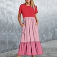 thumbnail image 1 of Wycnly Summer Dresses for Women Sundresses for Women Beach Loose Flowy Pleated Ruffle Swing Long Sundress with Pocket Ladies Trendy Color Block Round Neck Short Sleeve Maxi Sundress, 1 of 5