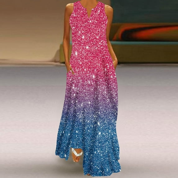 Wycnly Summer Dresses for Women Sundresses for Women Loose Pocket Evening Party Formal Tank Maxi Dresses Girls Vintage Gradient V-Neck Sleeveless Long Dresses