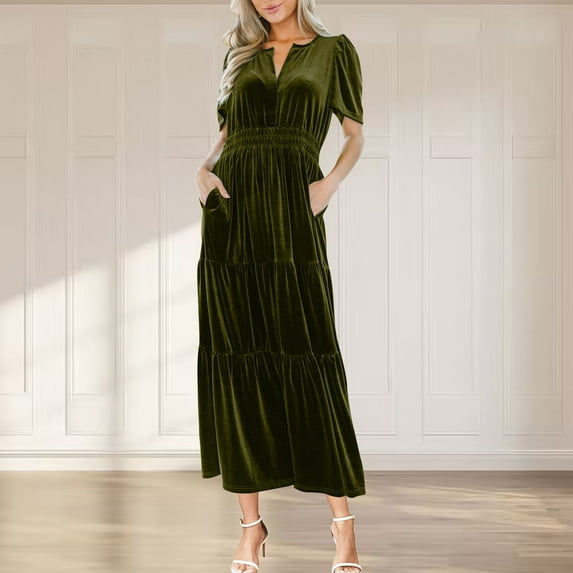 Wycnly Summer Dresses for Women Sundresses for Women Party Comfy Gold Velvet Elastic Waist Pleated Swing Pocket Dress Ladies Elegant Solid V-Neck Short Sleeve Long Dresses