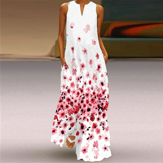 Wycnly Summer Dresses for Women Tank Dresses for Women Vintage Floral Print Sleeveless Summer Long Dress Ladies Beach Party V Neck Swing Sun Dress with Pocket Maxi Dress for Women