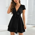 thumbnail image 1 of Wycnly Summer Dresses for Women Tie Front Elastic Waist Ruffle Swing Party Formal Dresses Short Sleeve V-Neck Solid Mini 2024 Casual Dress Black xxl Under $5, 1 of 7