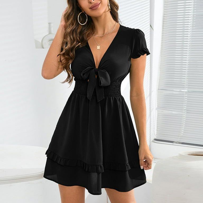 Wycnly Summer Dresses for Women Tie Front Elastic Waist Ruffle