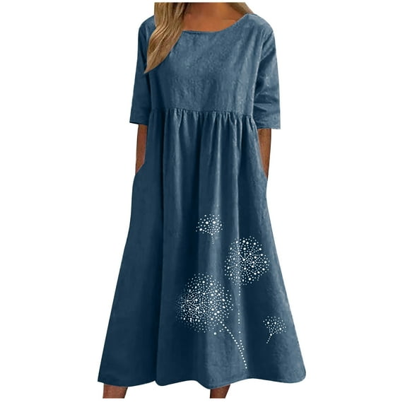 Wycnly Summer Dresses for Women Vintage Cotton Linen Plus Size Pleated Swing Tunic Long Dress with Pocket 2026 Elbow-Length Round Neck Floral Print Maxi Formal Dress Blue s