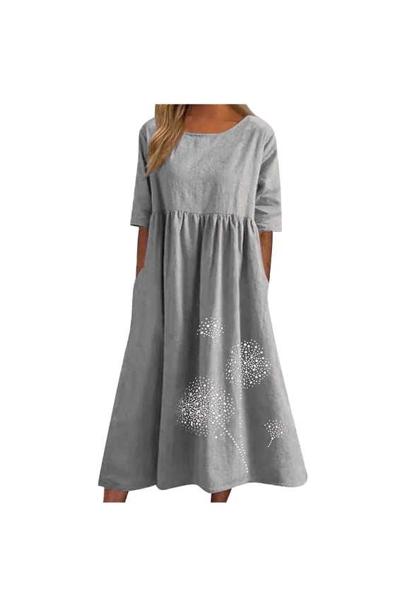 Summer Dresses for Women Vintage Cotton Linen Plus Size Pleated Swing Tunic Long Dress with Pocket 2026 Elbow-Length Round Neck Floral Print Maxi Formal Dress Gray XL