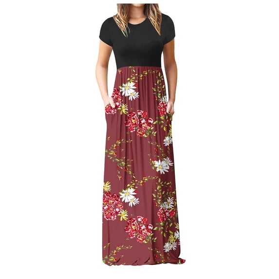 Wycnly Summer Dresses for Women Vintage Empire Waist Pleated Swing A Line Long Dresses with Pocket 2024 Short Sleeve Round Neck Floral Print Maxi Formal Dress Wine XXL