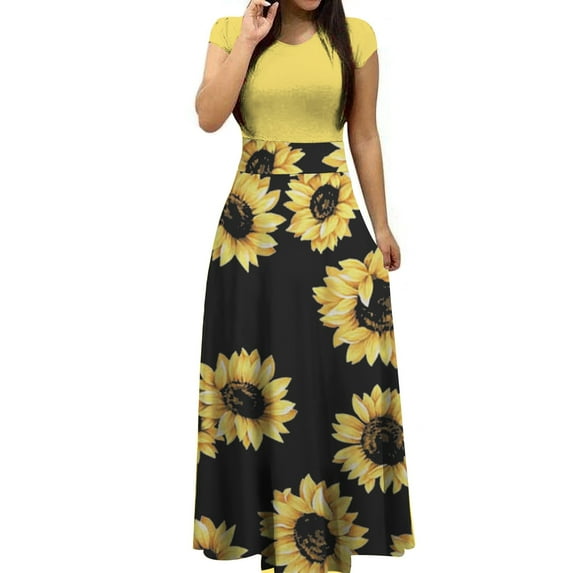 Wycnly Summer Dresses for Women Vintage Empire Waist Pleated Swing Tunic A Line Formal Maxi Dresses 2024 Short Sleeve Round Neck Sunflower Print Long Formal Dress Yellow l