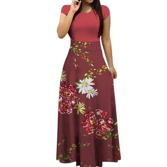 Wycnly Summer Dresses for Women Vintage Empire Waist Pleated Swing Tunic A Line Formal Maxi Dresses 2024 Short Sleeve Round Neck Sunflower Print Long Formal Dress Red l