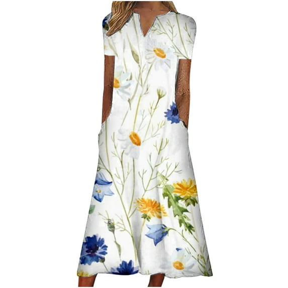 Wycnly Summer Dresses for Women Vintage Loose Pocket Swing Tunic Long Dresses for Beach 2025 Short Sleeve V-Neck Flowers Print Maxi Formal Dress White l