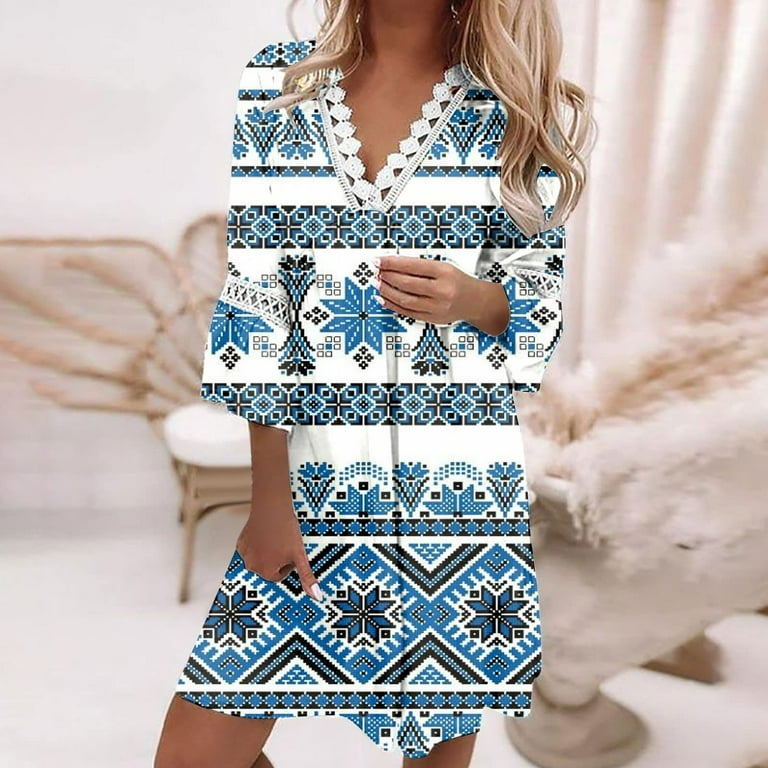 Wycnly Summer Dresses for Women Vintage Western Graphics Beach Lace Trim  Swing Tunic Dresses 3/4 Sleeve V-Neck Geometric Print Mini 2024 Casual Dress  Blue m 