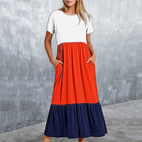 Wycnly Summer Dresses for Women Wedding Guest Dresses for Women Beach Loose Flowy Pleated Ruffle Swing Long Sundress with Pocket Women Formal Color Block Round Neck Short Sleeve Maxi Sundress