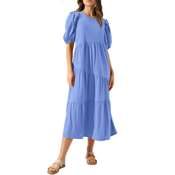 Wycnly Summer Dresses for Women Wedding Guest Dresses for Women Loose Pleated Ruffle Swing Lantern Sleeve Tunic Dress Ladies Vintage Solid Round Neck Sleeveless Long Dresses