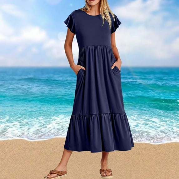 Wycnly Summer Dresses for Women Wedding Guest Dresses for Women Smocked Loose Flowy Ruffle Swing Pocket Maxi Dress Women Vintage Solid Round Neck Short Sleeve Long Sundress
