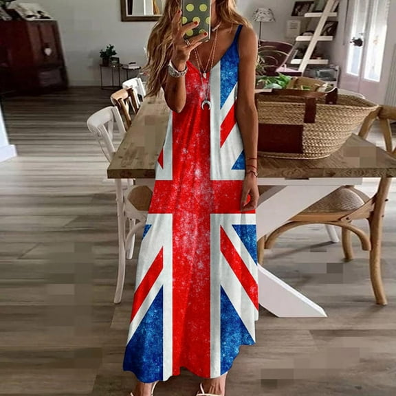 Wycnly Summer Dresses for Women Womens Dresses 4th July Independece Day Spaghetti Strap Long Dress Womens Elegant US Flag Print V-Neck Sleeveless Maxi Sun Dress