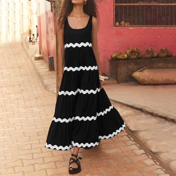 Wycnly Summer Dresses for Women Womens Dresses Beach Boho Loose Flowy Pleated Swing Tank Long Dress Ladies Formal Striped Print U-Neck Sleeveless Maxi Sundresses