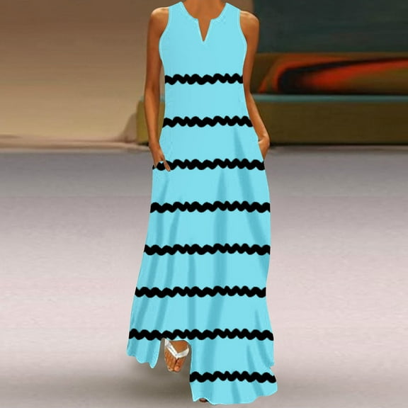 Wycnly Summer Dresses for Women Womens Dresses Loose Beach Boho Tank Long Dresses with Pocket Women Fashion Striped Print V-Neck Sleeveless Maxi Dress