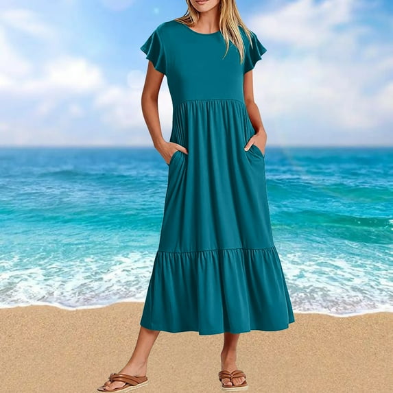 Wycnly Summer Dresses for Women Womens Dresses Smocked Loose Flowy Ruffle Swing Pocket Maxi Dress Women Trendy Solid Round Neck Short Sleeve Long Sundress