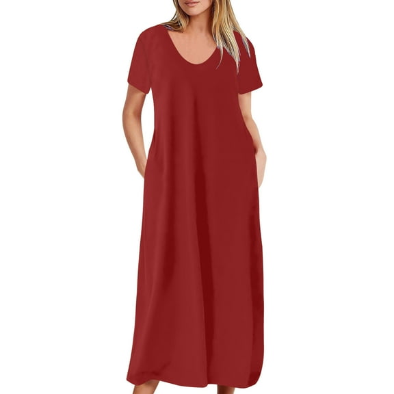 Wycnly Summer Dresses for Women Womens Dresses Plus Size Beach Party Spaghetti Strap Maxi Dresses with Pocket Girls Fashion Solid V-Neck Short Sleeve Long Sundresses
