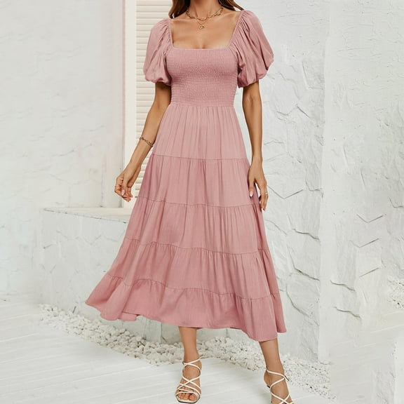 Wycnly Summer Dresses for Women Womens Summer Dresses Cocktail Party Prom Puff Sleeve Off Shoulder Flowy Ruffle Swing Long Dress Girls Formal Solid Square Neck Short Sleeve Maxi Sundress